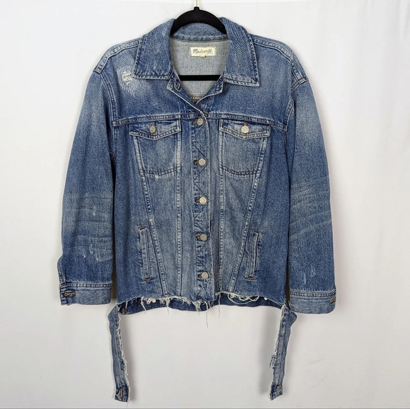 Madewell M The Oversized Denim Jean Jacket Distressed Faded Trucker Chest Pocket - Picture 1 of 12